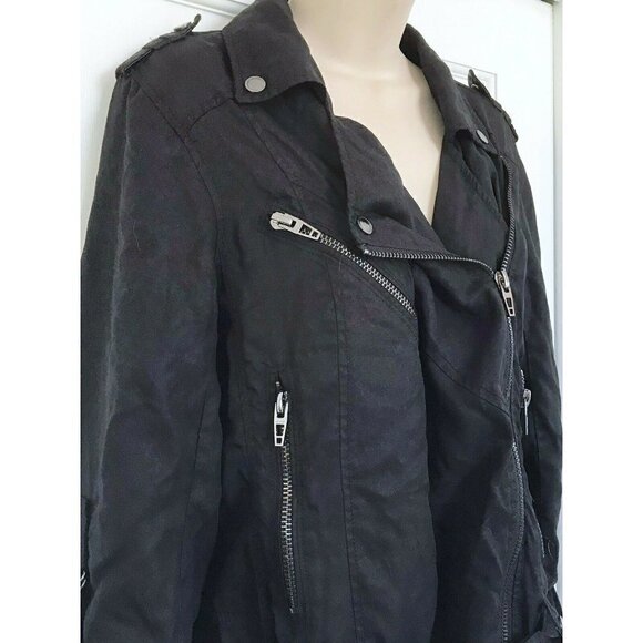 BLANKNYC Women's Sz M Black Tencel Moto Jacket Side Zip Belt Roll Tab Sleeves - Picture 3 of 9